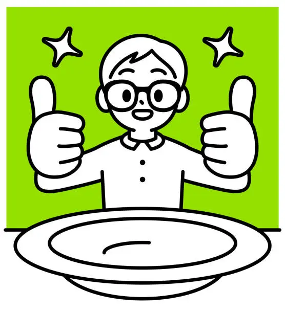 Vector illustration of A boy with Horn-rimmed glasses sitting down to a meal, in front of a big empty plate, giving a thumbs up with both hands, looking at the viewer, minimalist style, black and white outline