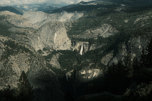 Overlook of waterfalls in the valley of Yosemite National Park