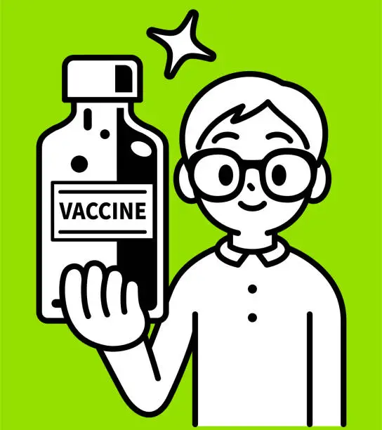 Vector illustration of A boy with Horn-rimmed glasses holding a big vaccine bottle, looking at the viewer, a minimalist style, black and white outline