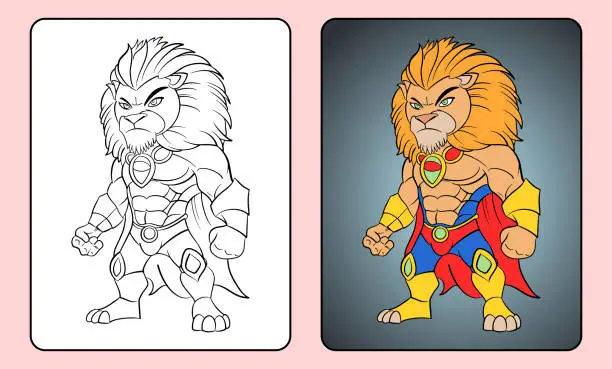 Vector illustration of Coloring mascot with bird character lion, king of the jungle, cartoon illustration