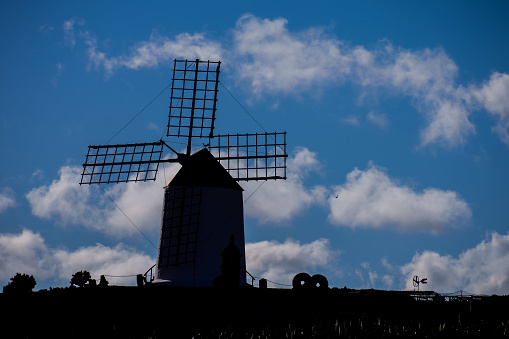 Spanish View Landscape Windmill Silhouette in Tropical Volcanic Canary Islands Spain