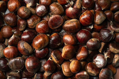 Taste of autumn - delicious chestnuts. Fresh chestnuts in a pile