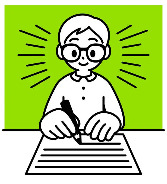 Vector illustration of A studious boy with Horn-rimmed glasses sitting at a desk and writing fluently with a pencil, minimalist style, black and white outline