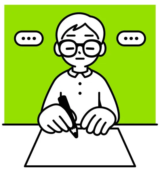 Vector illustration of A boy with Horn-rimmed glasses is sitting at the desk in a daze, with his eyes closed, not knowing what he is thinking, minimalist style, black and white outline
