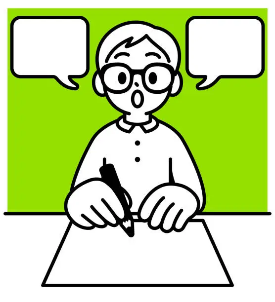 Vector illustration of A studious boy with Horn-rimmed glasses sitting at a desk explains the technique before writing an article, minimalist style, black and white outline