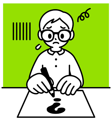 Minimalist Style Characters Designs Vector Art Illustration.
A boy with Horn-rimmed glasses sitting at a desk has difficulty writing, he doesn't know how to start writing, minimalist style, black and white outline.