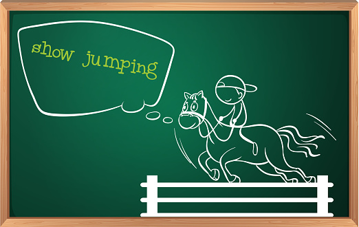 Blackboard with a drawing of a boy performing show jumping