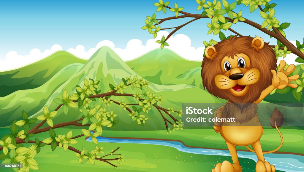 Lion in front of the river and high mountains Lion in front of the river and the high mountains Animal stock vector