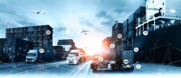istock World map with logistic network distribution on background. Logistic and transport concept in front Logistics Industrial Container Cargo freight ship for Concept of fast or instant shipping, Online goods orders worldwide 1687614871