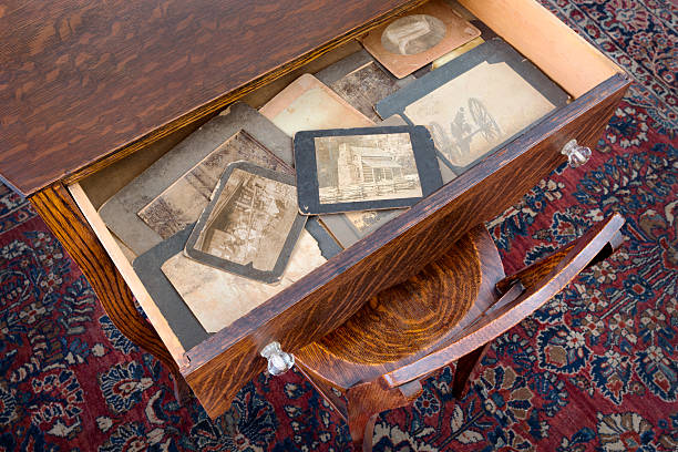 istock Writing Desk With Open Drawer Revealing Vintage Looking Photographs 168763049