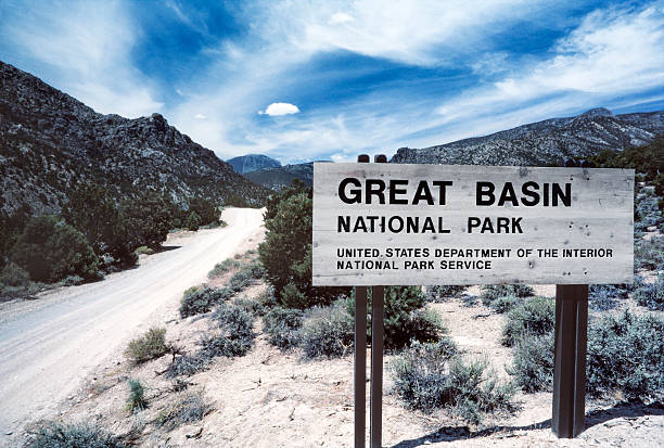 Snake Creek Entrance to Great Basin National Park Entrance sign at the Snake Creek entry point of the Great Basin National Park, established in October 1986, in White Pine County Nevada. Image made in 1987. great basin national park stock pictures, royalty-free photos & images