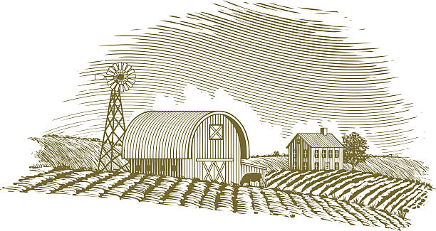 Woodcut Barn and Windmill vector art illustration