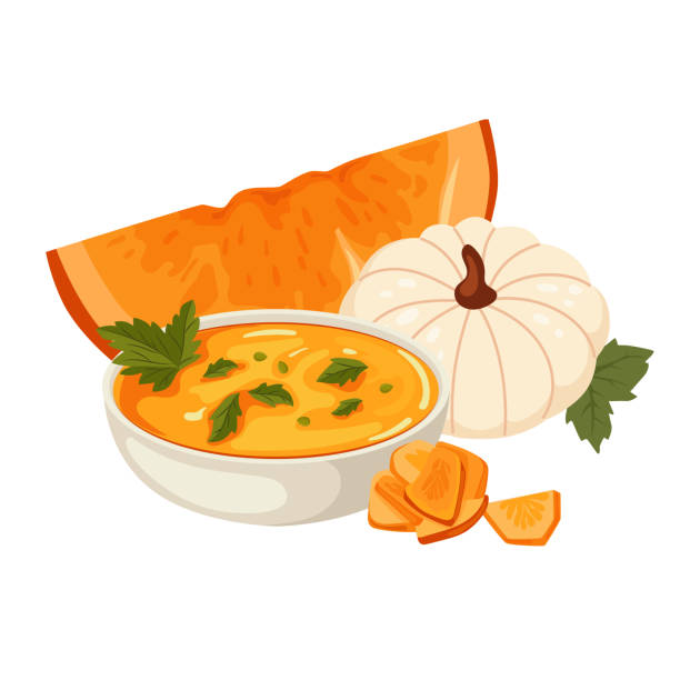 ilustraciones, imágenes clip art, dibujos animados e iconos de stock de composición otoñal sopa de calabaza. - squash pumpkin orange japanese fall foliage