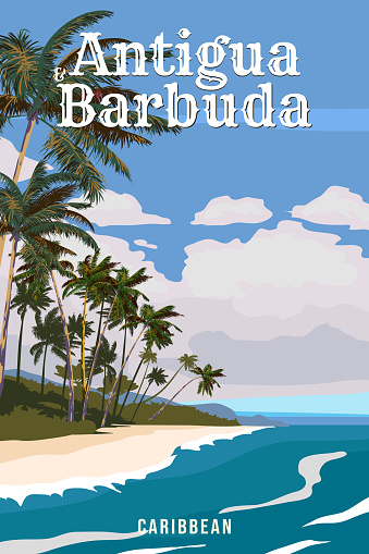 Travel poster Antigua and Barbuda tropical island resort vintage. Beach coast, palms, ocean, coast. Paradise resort, retro style illustration vector postcard