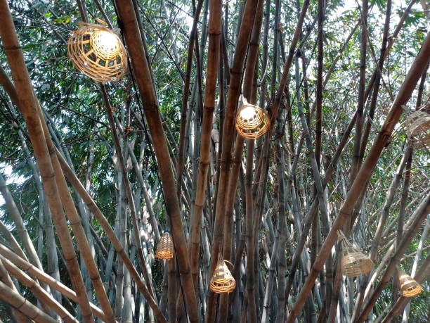 Artful Bamboo Decorations in the Front Yard of a Nature Themed Restaurant