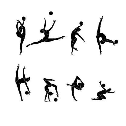 Set of Ball Rhythmic Gymnastics flat sihouette illustrations vector. Rhythmic Gymnastics female athlete black icons on white background. Collection of gymnastics postures.