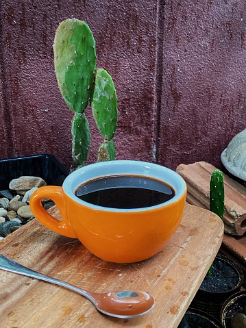 Hot cup of coffee with green leaves in the morning