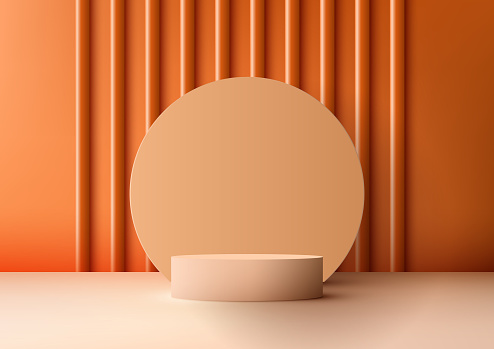 3D beige podium with circle backdrop and orange wall scene is a modern and minimalist mockup for product display. It is perfect for showcasing your products in a stylish and elegant way. Vector illustration
