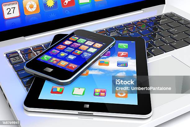 Overview Of Laptop Digital Tablet And Smartphone Stock Photo - Download Image Now - Electronics Industry, Equipment, Blue