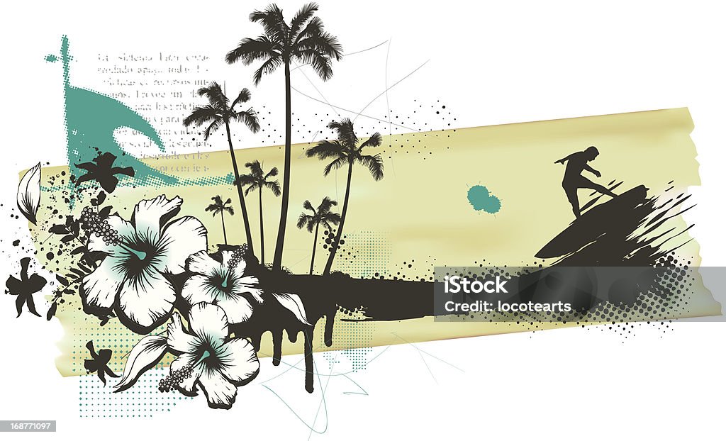 Летний гранж баннера с Девушка пальмами и гибискус - Векторная графика Big Wave Surfing роялти-фри