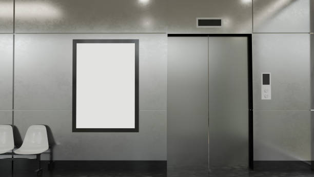 istock A blank vertical poster mockup in a modern building corridor with an elevator. 1687713550