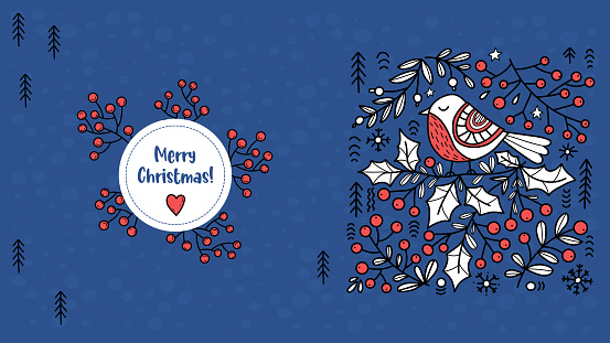 Merry Christmas banner. Folk Art Bird with Xmas berries, holly on blue background. Vector horizontal illustration in hand drawing style. Scandinavian folk design for Christmas and New Year decoration