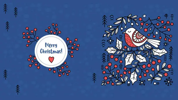 Vector illustration of Merry Christmas banner. Folk Art Bird with Xmas berries, holly on blue background. Vector horizontal illustration in hand drawing style. Scandinavian folk design for Christmas and New Year decoration.