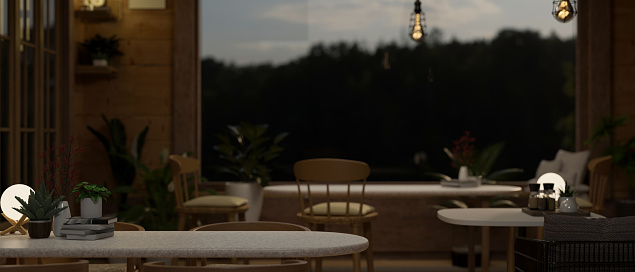 Copy space for your product displayed on a dining table in a cosy Scandinavian restaurant with an amazing large glass window with a beautiful nature view at night. 3d render, 3d illustration