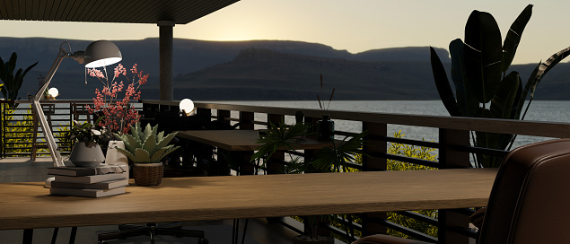 Copy space for displaying your product on a wooden table on a spacious balcony with a beautiful mountain and lake view at night. 3d render, 3d illustration