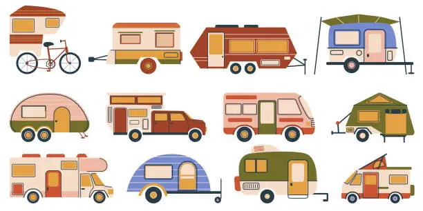 Vector illustration of Set Of Camper Vans. Compact Vehicles For Travel And Living. They Combine Transportation And Accommodation, Vector