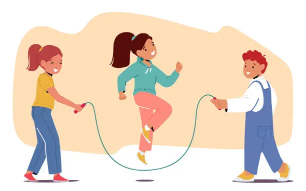 Vector illustration of Kids Love Jumping Rope, Children Characters Engage in Fun Playful Activity That Improves Coordination, And Endurance