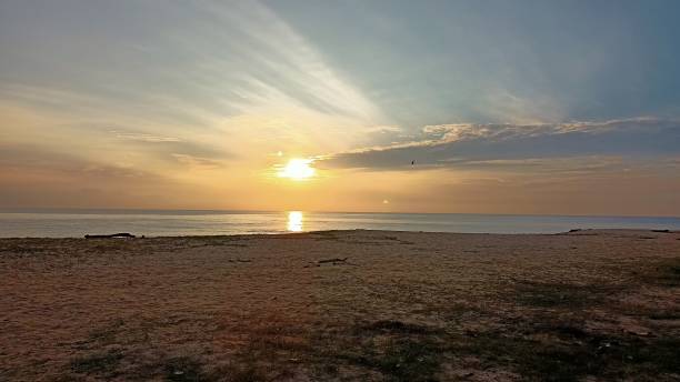 istock Sunrise at a beach with sands and clear sky 1687722064