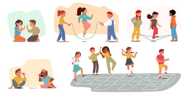 Children Characters Engage In Diverse Activities Such As Hopscotch, Gummitwist, Patty-cake, Rope Telephone Children Characters Engage In Diverse Activities Such As Hopscotch, Gummitwist, Patty-cake, Rope Telephone on Playground, Fostering Social And Physical Development. Cartoon People Vector Illustration hopscotch stock illustrations