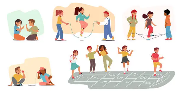 Vector illustration of Children Characters Engage In Diverse Activities Such As Hopscotch, Gummitwist, Patty-cake, Rope Telephone