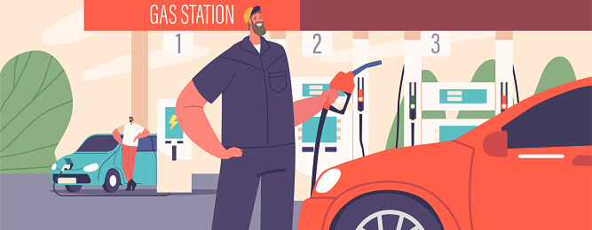 Worker Male Character Refuels A Car At The Gas Station, Efficiently Handling The Nozzle, Ensuring A Smooth And Quick Transaction To Keep Vehicles Moving. Cartoon People Vector Illustration