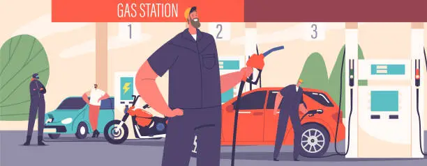 Vector illustration of Gas Station Worker Character Fuels Vehicles, Handles Transactions, And Maintains Equipment Vector Illustration