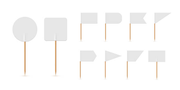 White small flags on toothpicks set, 3D blank flags of different shapes on wooden sticks White small flags on toothpicks set vector illustration. 3D realistic blank flags of different shapes on wooden sticks, empty round triangular rectangle mini decorative pennants for food collection corner tip stock illustrations