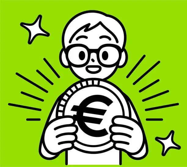Vector illustration of A studious boy with Horn-rimmed glasses holding a big coin money, looking at the viewer, a minimalist style, black and white outline, Financial Literacy, Investing in Knowledge, and Smart Money