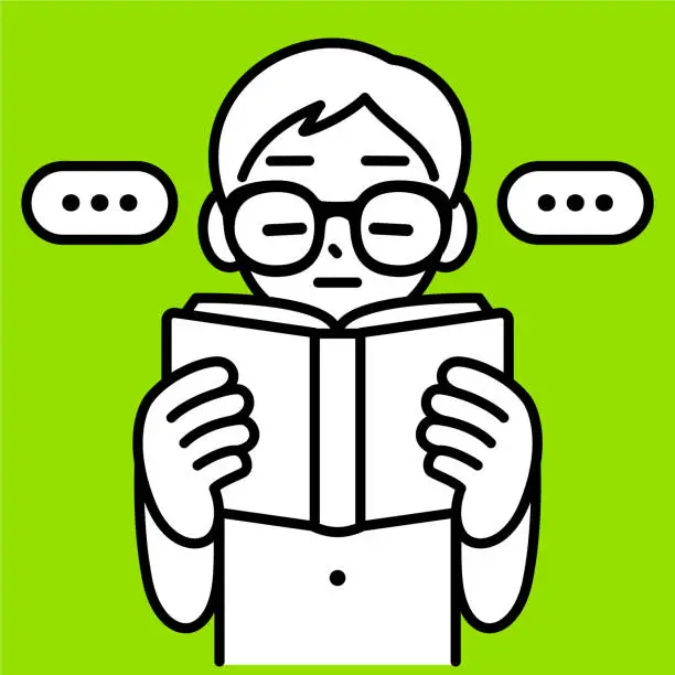 Vector illustration of A studious boy with Horn-rimmed glasses reading a book, with his eyes closed, not knowing what he is thinking, minimalist style, black and white outline