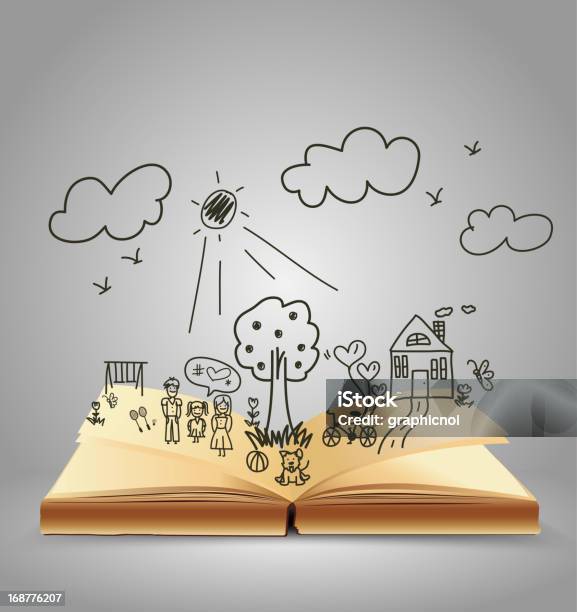 Open Book Of Happy Family Stories Stock Illustration - Download Image Now - Backgrounds, Child, Creativity