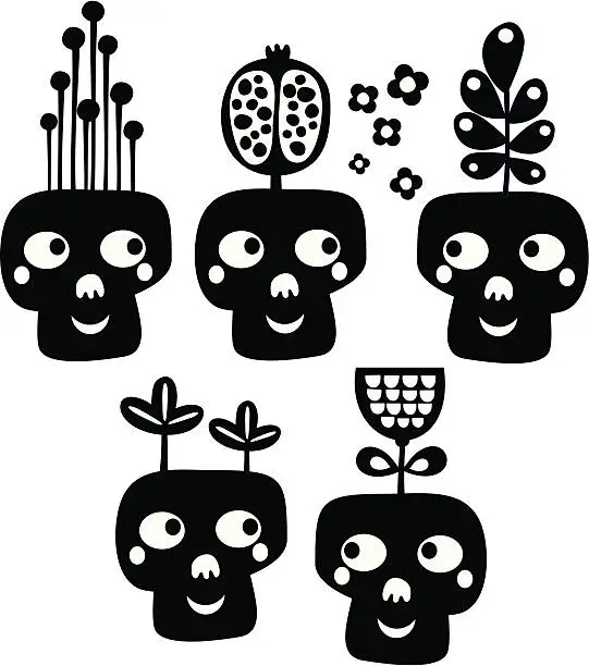 Vector illustration of Funny skulls with flowers.