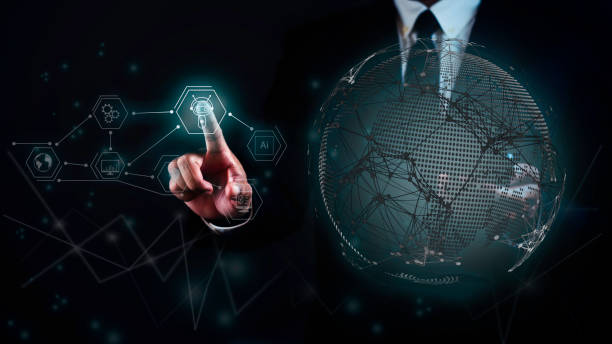 istock Businessman is using smartphone and touching virtual screen robot icon with global network against dark background. 1687767813