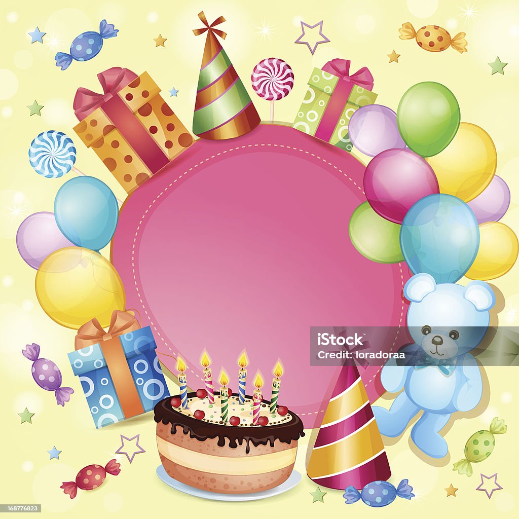 Birthday card Birthday card with birthday cake, balloons and gifts. Balloon stock vector