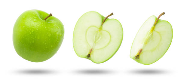 istock Flying green apple has water drop and slices collection. 1687790019