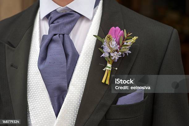 Groom With Purple Flower Buttonhole Stock Photo - Download Image Now - Adult, Boutonniere, Chest - Torso