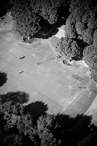 BW image of park in Tokyo shot from above.