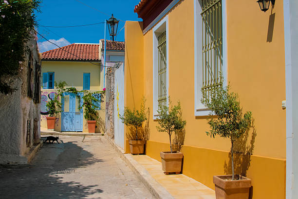 Traditional colorful street in Plaka, Athens stock photo