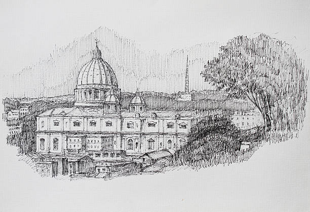 Roman cityscape of Vatican. Roman cityscape of the Basilica San Pietro, Vatican painted by ink romano cheese stock illustrations