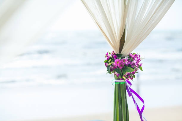 closeup of beautiful wedding decorated on beach wedding setup