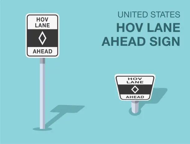 Vector illustration of Traffic regulation rules. Isolated United States hov lane ahead sign. Front and top view. Vector illustration template.